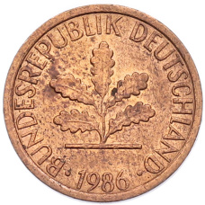 Монета 1 пфенниг 1986 года J Западная Германия (ФРГ) (аверс)
