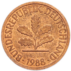 Монета 1 пфенниг 1988 года J Западная Германия (ФРГ) (аверс)