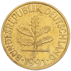 Монета 10 пфеннигов 1991 года J Германия (аверс)