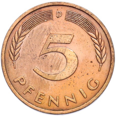 Монета 5 пфеннигов 1976 года D Западная Германия (ФРГ) (реверс)