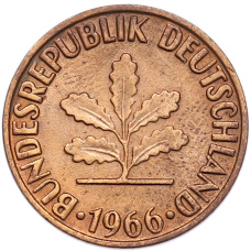 Монета 2 пфеннига 1966 года F Западная Германия (ФРГ) (аверс)