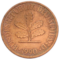 Монета 2 пфеннига 1990 года J Западная Германия (ФРГ) (аверс)