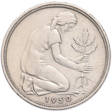 Монета 50 пфеннигов 1950 года J Западная Германия (ФРГ) (аверс)