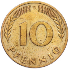 Монета 10 пфеннигов 1949 года D Западная Германия (ФРГ) (реверс)
