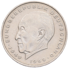 Монета 2 марки 1971 года F Западная Германия (ФРГ) «Конрад Аденауэр» (аверс)