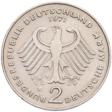 Монета 2 марки 1971 года F Западная Германия (ФРГ) «Конрад Аденауэр» (реверс)