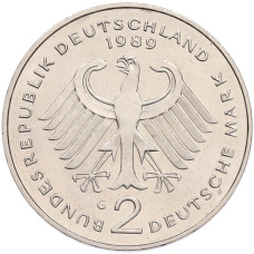Монета 2 марки 1989 года G Западная Германия (ФРГ) «Курт Шумахер» (реверс)