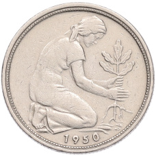 Монета 50 пфеннигов 1950 года F Западная Германия (ФРГ) (аверс)