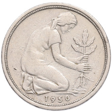 Монета 50 пфеннигов 1950 года F Западная Германия (ФРГ) (аверс)