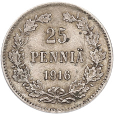 Монета 25 пенни 1916 года Русская Финляндия (аверс)