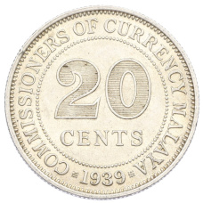 Монета 20 центов 1939 года Малайя (аверс)