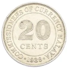 Монета 20 центов 1939 года Малайя (аверс)