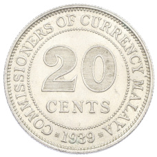 Монета 20 центов 1939 года Малайя (аверс)