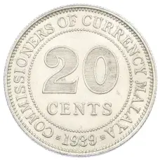 Монета 20 центов 1939 года Малайя (аверс)