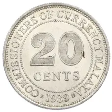 Монета 20 центов 1939 года Малайя (аверс)