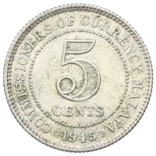 Монета 5 центов 1945 года I Малайя (аверс)