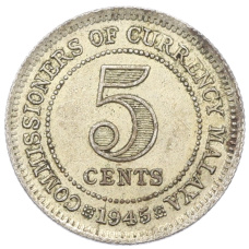Монета 5 центов 1945 года Малайя (аверс)