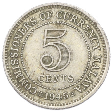 Монета 5 центов 1945 года Малайя (аверс)