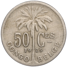 Монета 50 сантимов 1929 года Бельгийское Конго — легенда на французском (CONGO BELGE / DES BELGES) (аверс)