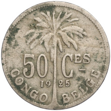 Монета 50 сантимов 1925 года Бельгийское Конго — легенда на французском (CONGO BELGE / DES BELGES) (аверс)