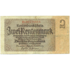 Банкнота 2 рентенмарки 1937 года Германия