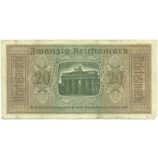 Банкнота 20 рейхсмарок 1940 года Германия (Для оккупированных территорий) (вид 2)