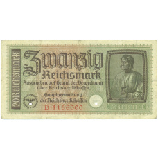 Банкнота 20 рейхсмарок 1940 года Германия (Для оккупированных территорий)