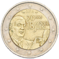 Монета 2 евро 2010 года Франция «70 лет речи Шарля де Голля Ко всем французам» (аверс)
