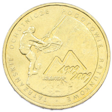 Монета 2 злотых 2009 года Польша «100 лет поисково-спасательной службы в Татрах» (аверс)