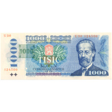 Банкнота 1000 крон 1993 года Чехословакия (Серия U — надпечатка на банкноте 1985)
