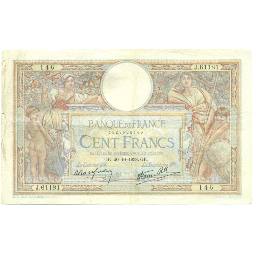 Банкнота 100 франков 1938 года Франция