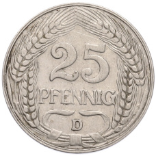 Монета 25 пфеннигов 1909 года D Германия (реверс)