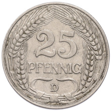 Монета 25 пфеннигов 1910 года D Германия (реверс)