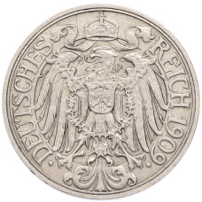 Монета 25 пфеннигов 1909 года F Германия (аверс)