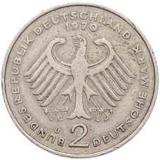 Монета 2 марки 1970 года J Западная Германия (ФРГ) «Конрад Аденауэр» (реверс)