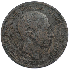 Монета 10 сентимо 1879 года Испания (аверс)