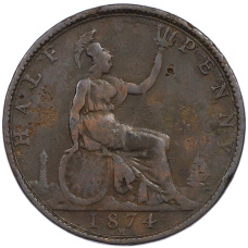 Монета 1/2 пенни 1874 года Великобритания (аверс)