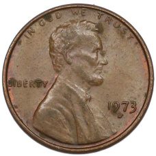 Монета 1 цент 1973 года D США (аверс)