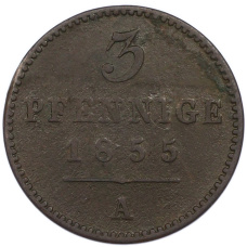 Монета 3 пфеннига 1855 года Вальдек-Пирмонт (аверс)