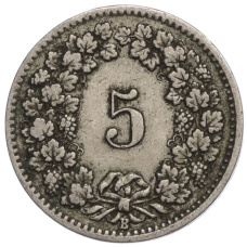Монета 5 раппенов 1900 года Швейцария (реверс)