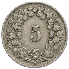 Монета 5 раппенов 1927 года Швейцария (реверс)