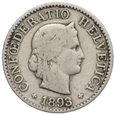 Монета 5 раппенов 1893 года Швейцария (аверс)