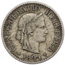 Монета 5 раппенов 1894 года Швейцария (аверс)