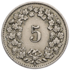 Монета 5 раппенов 1927 года Швейцария (реверс)