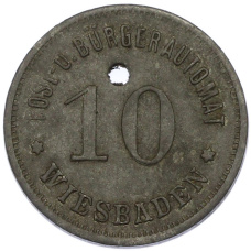 Монета 10 пфеннигов 1916-1922 года Германия — город Висбаден (Токен для торгового автомата) (реверс)
