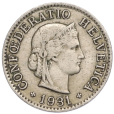 Монета 5 раппенов 1931 года Швейцария (аверс)