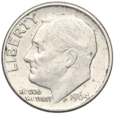 Монета 1 дайм (10 центов) 1964 года D США (аверс)