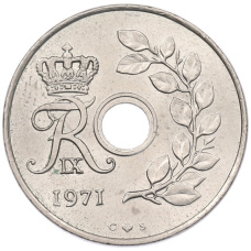 Монета 25 эре 1971 года Дания (аверс)
