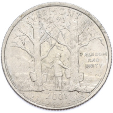 Монета 1/4 доллара (25 центов) 2001 года D США «Штаты и территории — Вермонт» (аверс)
