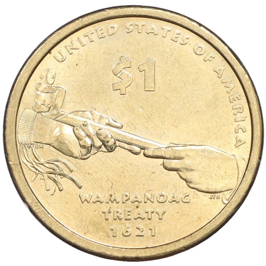 Монета 1 доллар 2011 года (P) США «Коренные американцы (Сакагавея) — Договор с индейцами племени Вампаноаги (Трубка мира)»